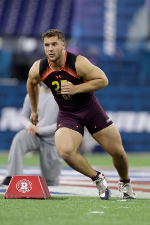 Ohio State defensive lineman Nick Bosa runs a drill during the NFL football scouting combine, in Indianapolis
NFL Combine Football, Indianapolis, USA - 03 Mar 2019