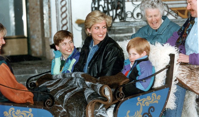 Diana, Princess Of Wales, With Prince William & Prince Harry On A Skiing Holiday