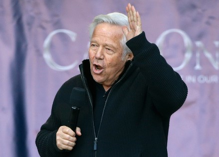 New England Patriots owner Robert Kraft addresses the crowd at the team's send-off party for NFL football's Super Bowl in Foxborough, Massachusetts.Super Bowl Patriots Rally Football, Foxboro, USA - January 27, 2019