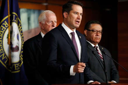 Seth Moulton, Mike Thompson, Salud Carbajal. Rep. Seth Moulton, D-Mass., center, with Rep. Mike Thompson, left, and Rep. Salud Carbajal, D-Calif., all military veterans, speaks during a news conference about President Donald Trump's threatened strikes in Syria, where they called his social media rhetoric reckless and provocative, on Capitol Hill in Washington
Syria Congress Veterans, Washington, USA - 13 Apr 2018
