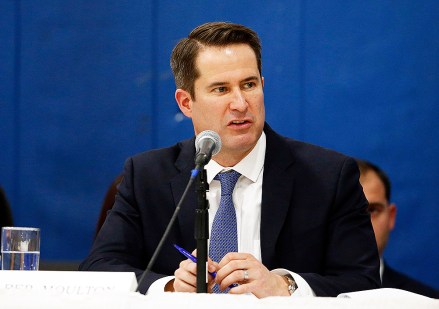 U.S. Rep. Seth Moulton questions gas executives during a hearing on gas pipeline safety in the Merrimack Valley, in Lawrence, Mass
Gas Explosions, Lawrence, USA - 26 Nov 2018