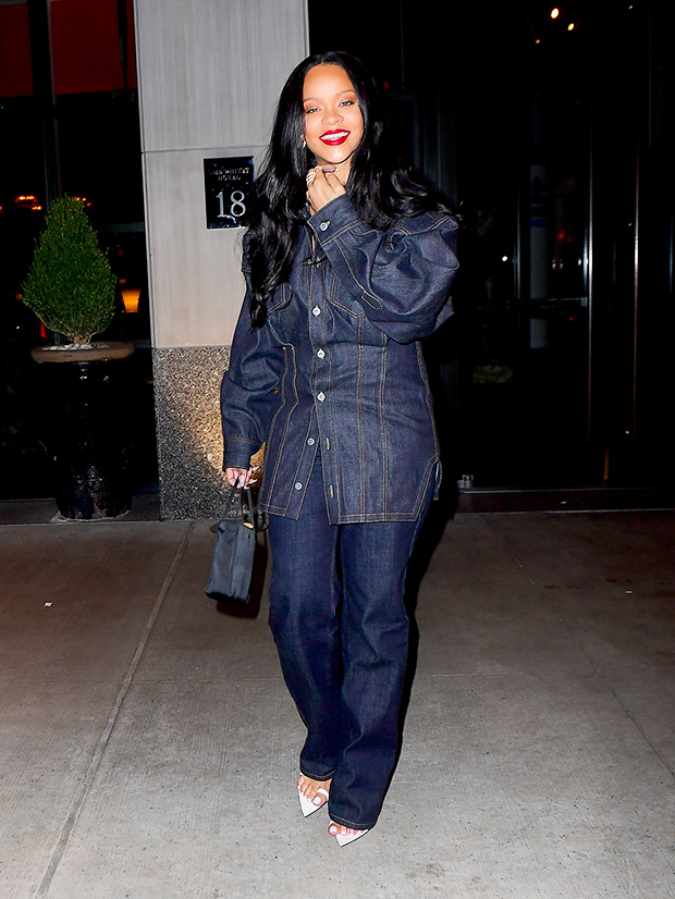 Rihanna s Double Denim Outfit Black Coat In NYC See Her Outfits Hollywood Life