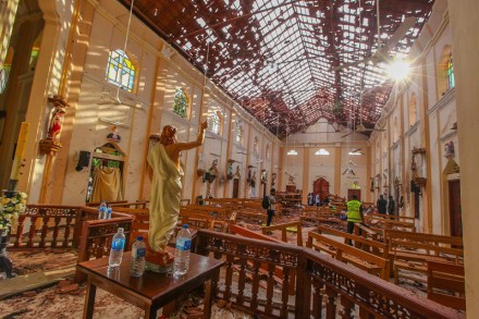 A view of St. Sebastian's Church damaged in blast in Negombo, north of Colombo, Sri Lanka, . More than hundred were killed and hundreds more hospitalized with injuries from eight blasts that rocked churches and hotels in and just outside of Sri Lanka's capital on Easter Sunday, officials said, the worst violence to hit the South Asian country since its civil war ended a decade ago
Church Blasts, Negombo, Sri Lanka - 21 Apr 2019