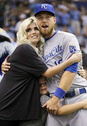 Ben Zobrist, Julianna Zobrist, Zion Zobrist Kansas City Royals' Ben Zobrist, right, hugs his wife Julianna during a video tribute before a baseball game against the Tampa Bay Rays, in St. Petersburg, Fla. Zobrist played nine season for the Rays. Holding on to Zobrist is his son Zion
Royals Rays Baseball, St. Petersburg, USA