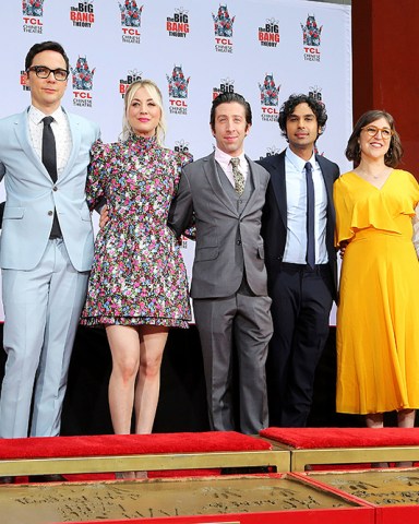 Johnny Galecki, Jim Parsons, Kaley Cuoco, Simon Helberg, Kunal Nayyar, Mayim Bialik, Melissa Rauch. Johnny Galecki, from left, Jim Parsons, Kaley Cuoco, Simon Helberg, Kunal Nayyar, Mayim Bialik and Melissa Rauch, cast members of the TV series "The Big Bang Theory," pose at a hand and footprint ceremony at the TCL Chinese Theatre on at in Los Angeles
The Cast of "The Big Bang Theory" Hand and Footprint Ceremony, Los Angeles, USA - 01 May 2019