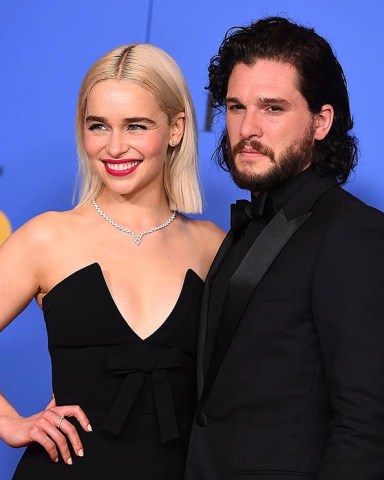 Emilia Clarke, Kit Harington. Emilia Clarke, left, and Kit Harington pose in the press room at the 75th annual Golden Globe Awards at the Beverly Hilton Hotel, in Beverly Hills, Calif
75th Annual Golden Globe Awards - Press Room, Beverly Hills, USA - 07 Jan 2018