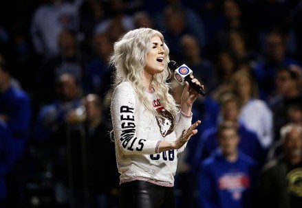 Chicago Cubs' Ben Zobrist's wife Julianna Zobrist performs the national anthem before Game 4 of baseball's National League Championship Series between the Chicago Cubs and the Los Angeles Dodgers, in Chicago
NLCS Dodgers Cubs Baseball, Chicago, USA - 18 Oct 2017