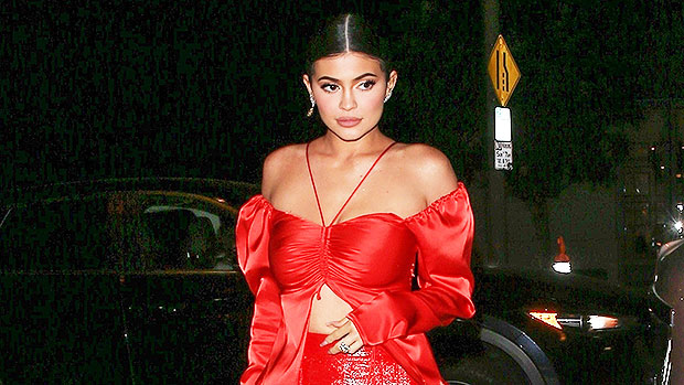 Kylie Jenner Pairs Leather Pants with Fiery Red Top