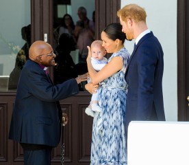 Prince Harry and Meghan Duchess of Sussex, holding son Archie Harrison Mountbatten-Windsor, meet Archbishop Desmond Tutu during a visit to the Desmond & Leah Tutu Legacy Foundation in Cape Town, South Africa.
Prince Harry and Meghan Duchess of Sussex visit to Africa - 25 Sep 2019