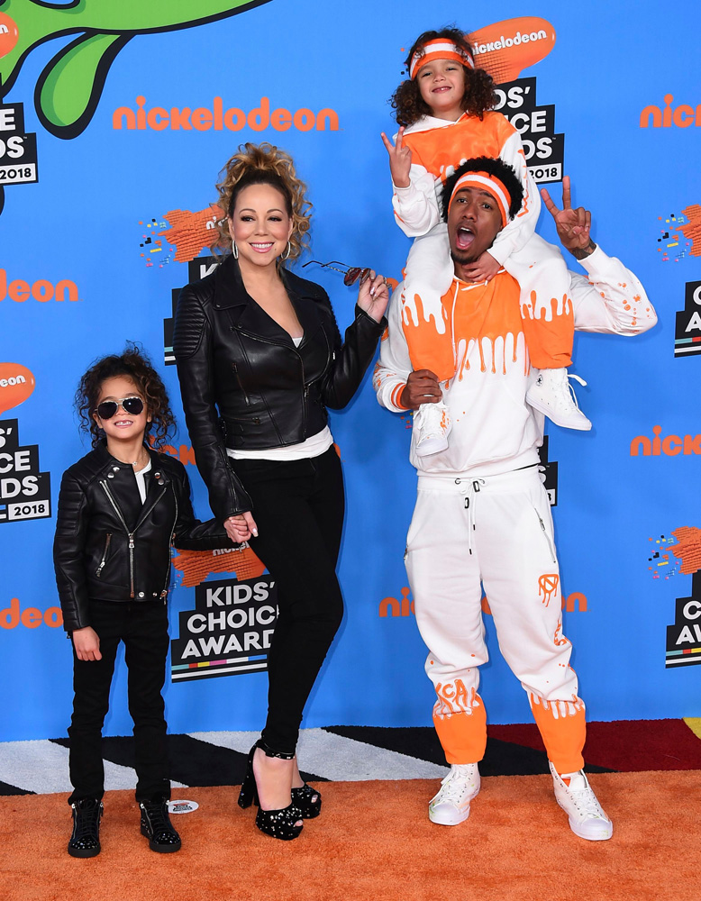 Nick Cannon, Mariah Carey, Moroccan, Monroe. Mariah Carey, center left, Nick Cannon, center right, and from left, their children Monroe and Moroccan arrive at Kids ' Choice Awards at The Forum, Inglewood, CA 2018 Kids' Choice Awards - Arrivals, Inglewood, USA - March 24, 2018
