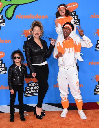 Nick Cannon, Mariah Carey, Moroccan, Monroe.  Mariah Carey, center left, Nick Cannon, center right, and from left, their children Monroe and Moroccan arrive at the Kids' Choice Awards at The Forum, in Inglewood, Calif. 2018 Kids' Choice Awards - Arrivals, Inglewood, USA - 24 Mar 2018