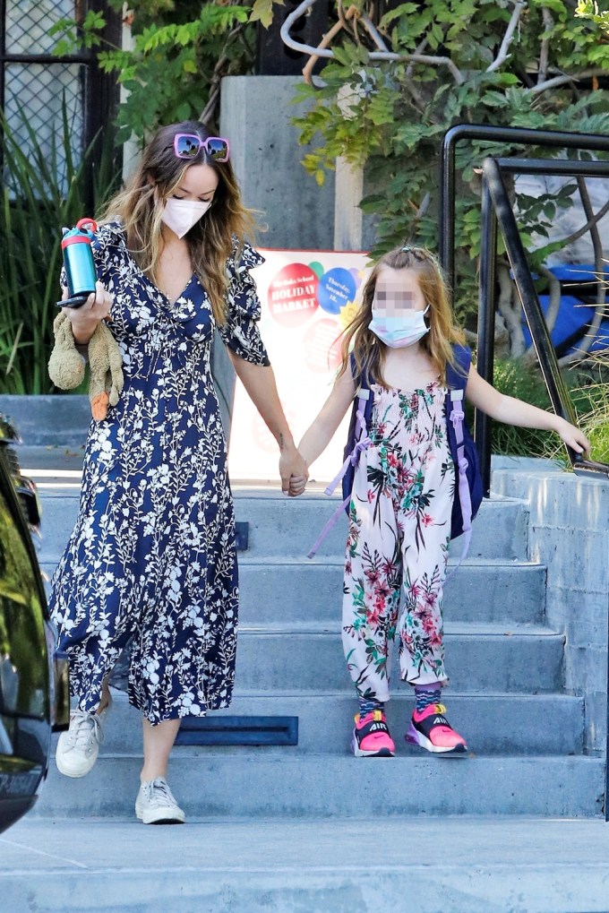 Olivia Wilde picks up her daughter from school wearing a chic floral dress