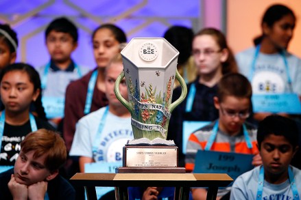 The Scripps National Spelling Bee trophy sits in front of competitors during the second round, in Oxon Hill, Md
Spelling Bee, Oxon Hill, USA - 28 May 2019