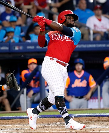 Philadelphia Phillies Odubel Herrera bats against the New York Mets during the Little League Classic baseball game at Bowman Field in Williamsport, Pa
Mets Philles Baseball, Williamsport, USA - 19 Aug 2018