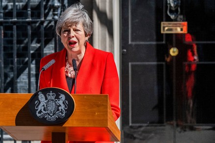 Prime minister Theresa May announces that she will resign in June, outside number 10 Downing Street.
Theresa May announces resignation date, London, UK - 24 May 2019