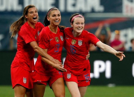 United States' Rose Lavelle, right, is congratulated by Alex Morgan and Tobin Heath, left, after scoring during the first half of an international friendly soccer match against New Zealand, in St. Louis
US New Zealand Soccer, St. Louis, USA - 16 May 2019