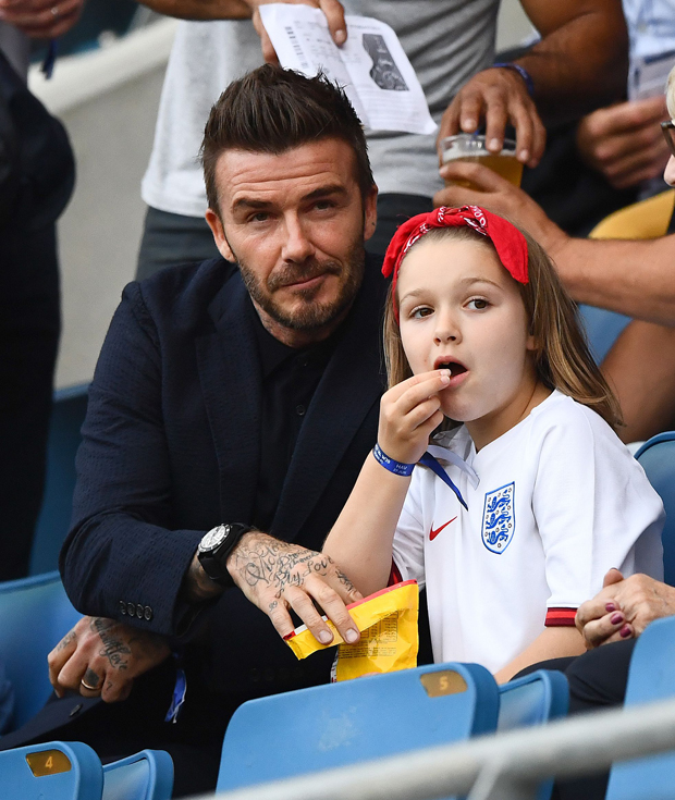 David Beckham Kisses Daughter On Lips Harper Gets Love At World Cup Game Hollywood Life 