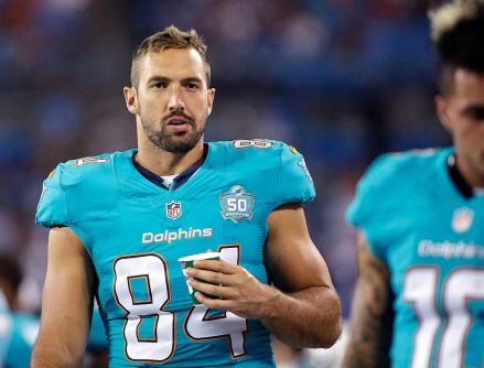 Miami Dolphins' Jordan Cameron (84) on the sidelines against the Carolina Panthers during the second half of an NFL preseason football game, in Charlotte, N.C. The Panthers won 31-30
Dolphins Panthers Football, Charlotte, USA - 22 Aug 2015
