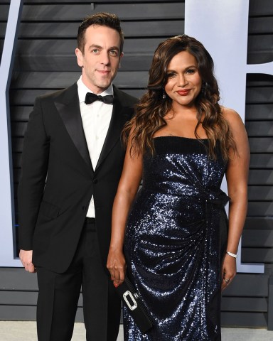 B.J. Novak, Mindy Kaling. B.J. Novak, left, Mindy Kaling arrive at the Vanity Fair Oscar Party, in Beverly Hills, Calif
90th Academy Awards - Vanity Fair Oscar Party, Beverly Hills, USA - 04 Mar 2018