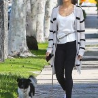 Nina Dobrev walking dog stripes