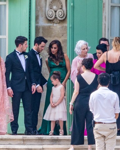 ** RIGHTS: ONLY UNITED STATES, AUSTRALIA, CANADA, NEW ZEALAND ** Sarrians, FRANCE  - Members of Joe Jonas' family take photos at Château de Tourreau in Sarrians before leaving for Joe Jonas' and Sophie Turner's wedding at the Chateau de Martinet in Carpentras, France, June 29, 2019.  Pictured: Priyanka Chopra, Nick Jonas, Kevin Jonas, Danielle Jonas, Alena Jonas, Frances Madonia-Miller, Denis  BACKGRID USA 29 JUNE 2019   BYLINE MUST READ: Best Image / BACKGRID  USA: +1 310 798 9111 / usasales@backgrid.com  UK: +44 208 344 2007 / uksales@backgrid.com  *UK Clients - Pictures Containing Children Please Pixelate Face Prior To Publication*