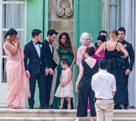 ** RIGHTS: ONLY UNITED STATES, AUSTRALIA, CANADA, NEW ZEALAND ** Sarrians, FRANCE  - Members of Joe Jonas' family take photos at Château de Tourreau in Sarrians before leaving for Joe Jonas' and Sophie Turner's wedding at the Chateau de Martinet in Carpentras, France, June 29, 2019.Pictured: Priyanka Chopra, Nick Jonas, Kevin Jonas, Danielle Jonas, Alena Jonas, Frances Madonia-Miller, DenisBACKGRID USA 29 JUNE 2019 BYLINE MUST READ: Best Image / BACKGRIDUSA: +1 310 798 9111 / usasales@backgrid.comUK: +44 208 344 2007 / uksales@backgrid.com*UK Clients - Pictures Containing ChildrenPlease Pixelate Face Prior To Publication*