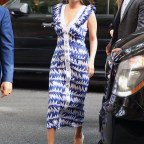 Singer Selena Gomez, Wearing A Frilly Blue And White Dress, Arrives At ?Live With Kelly And Ryan? In New York City