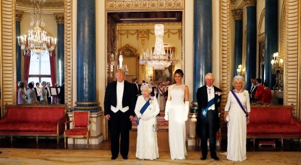 From left, US President Donald Trump, Britain's Queen Elizabeth II, first lady Melania Trump, Prince Charles and Camilla, the Duchess of Cornwall pose for the media ahead of the State Banquet at Buckingham Palace in London, . Trump is on a three-day state visit to Britain
Trump, London, United Kingdom - 03 Jun 2019