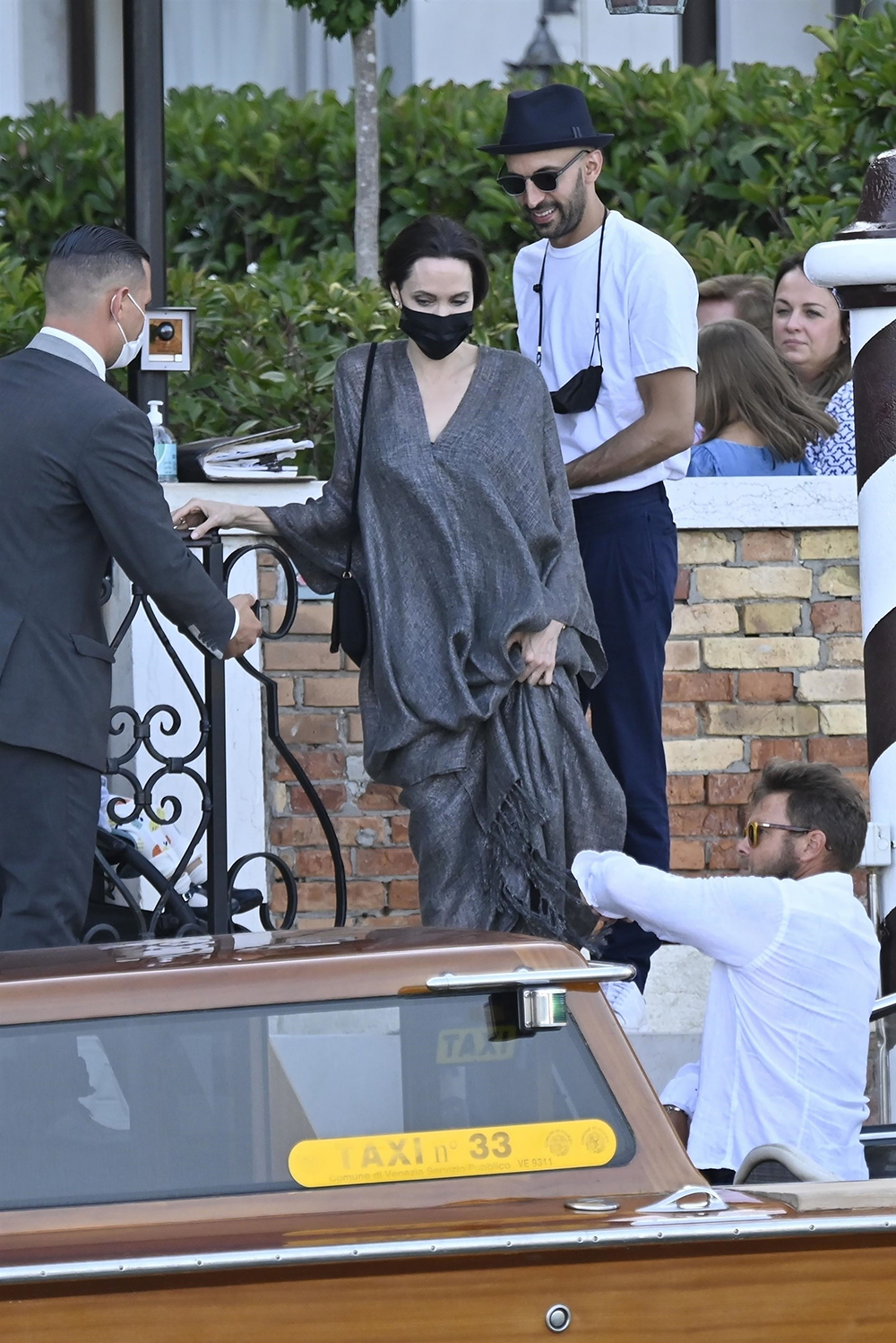 The American Actress Angelina Jolie spotted in the city of love and heads to a restaurant via a taxi boat in Venice.