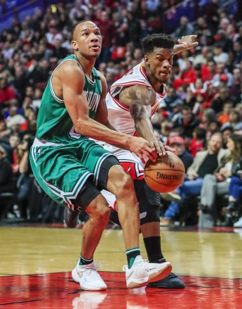 Jimmy Butler and Avery Bradley
Boston Celtics at Chicago Bulls, USA - 21 Apr 2017
Chicago Bulls forward Jimmy Butler (R) reaches in for the ball on Boston Celtics guard Avery Bradley (L) in the second half of the NBA basketball Eastern Conference round one playoff game three between the Boston Celtics and the Chicago Bulls at the United Center in Chicago, Illinois, USA, 21 April 2017.