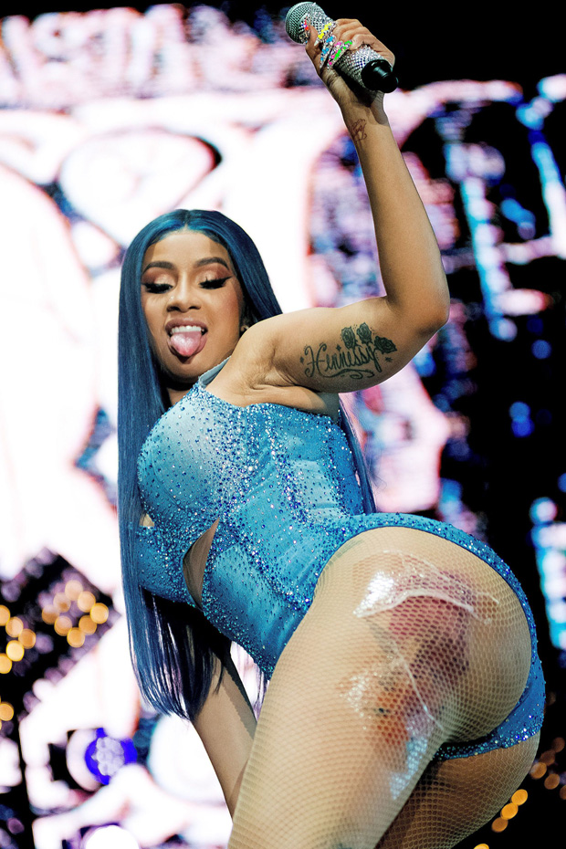 Cardi B. Cardi B after tearing away her denim chaps from her costume at the...