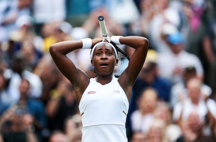 Cori Gauff celebrates triumph  during her archetypal  circular  match
Wimbledon Tennis Championships, Day 1, The All England Lawn Tennis and Croquet Club, London, UK - 01 Jul 2019