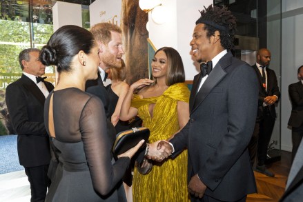 Britain's Prince Harry, Duke of Sussex (3rd L) and Britain's Meghan, Meghan Duchess of Sussex (2nd L) meet cast and crew, including US singer-songwriter Beyonce Knowles (C) and her husband, US rapper Jay Z (R) as they attend the European premiere of the film The Lion King.
'The Lion King' film premiere, London, UK - 14 Jul 2019
