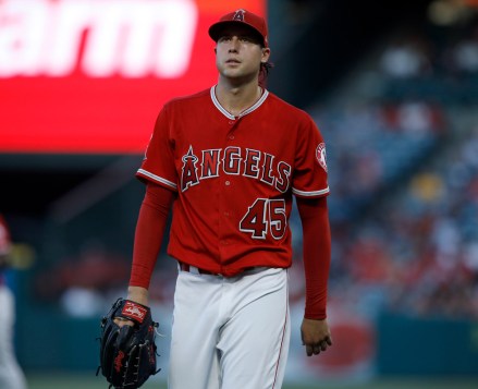 Tyler Skaggs
Seattle Mariners at Los Angeles Angels, Anaheim, USA - 12 Jul 2018
Los Angeles Angels starting pitcher Tyler Skaggs walks off the mound after the Seattle Mariners make the third out during the first inning of the MLB baseball game between the Seattle Mariners and the Los Angeles Angels at Angels Stadium in Anaheim, California, USA, 12 July 2018.