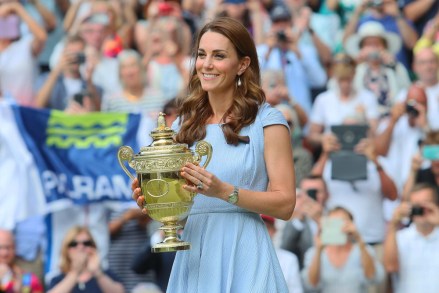 Catherine Duchess of Cambridge prepares to present the trophy to Novak Djokovic.
Wimbledon Tennis Championships, Day 13, The All England Lawn Tennis and Croquet Club, London, UK - 14 Jul 2019