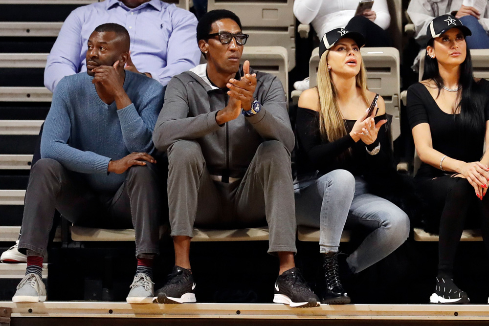 Former Chicago Bulls star Scottie Pippen, second from left, watches an NCAA college basketball game between Vanderbilt and Southeast Missouri State, in Nashville, Tenn. Pippen's son, Scotty Pippen Jr., plays for Vanderbilt
SE Missouri St Vanderbilt Basketball, Nashville, USA - 06 Nov 2019