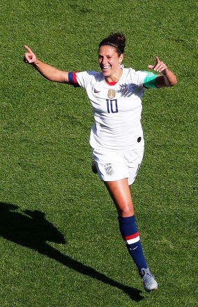 Carli Lloyd of the United States after scoring the opening goal during the Women's World Cup Group F soccer match between the United States and Chile at the Parc des Princes United States Chile WWCup Soccer in Paris, France Celebrated - 16 June 2019