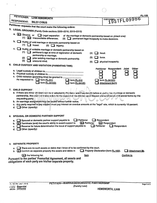 Miley Cyrus & Liam Hemsworth Divorce Documents
