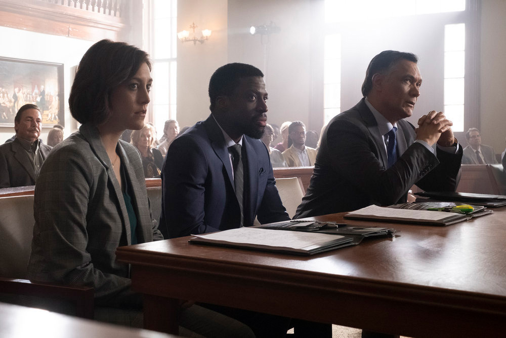 BLUFF CITY LAW -- "Pilot" Episode 101 -- Pictured: (l-r) Caitlin McGee as Sydney Strait, Michael Luwoye as Anthony Little, Jimmy Smits as Elijah Strait -- (Photo by: Jake Giles Netter/NBC)