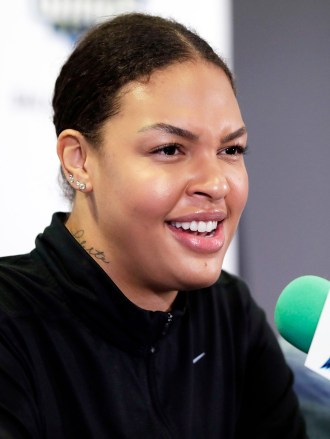 Dallas Wings newly acquired center Liz Cambage of Australia, responds to questions during a news conference at College Park Center, in Arlington, Texas
Wings Cambage Basketball, Dallas, USA - 26 Feb 2018