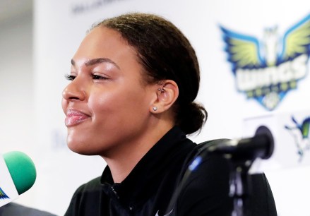 Dallas Wings newly acquired center Liz Cambage of Australia, responds to questions during a news conference at College Park Center, in Arlington, Texas
Wings Cambage Basketball, Dallas, USA - 26 Feb 2018