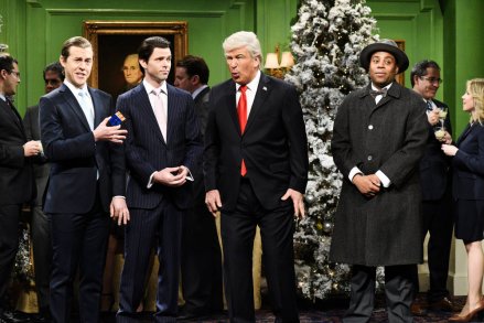 SATURDAY NIGHT LIVE -- "Matt Damon" Episode 1755 -- Pictured: (lr) Alex Moffat as Eric Trump, Mikey Day as Donald Trump Jr., Alec Baldwin as Donald Trump, and Kenan Thompson as Clarence the angel during the “It's a Wonderful Trump” Cold Open in Studio 8H on Saturday, December 15, 2018 -- (Photo by: Will Heath/NBC)