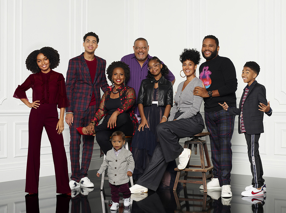 BLACK-ISH - ABC's "black-ish" stars Yara Shahidi as Zoey Johnson, Marcus Scribner as Andre Johnson, Jr., Jenifer Lewis as Ruby Johnson, Austin and Berlin Gross as Devonte Johnson, Laurence Fishburne as Pops Johnson, Marsai Martin as Diane Johnson, Tracee Ellis Ross as Rainbow Johnson,  Anthony Anderson as Andre "Dre" Johnson, and Miles Brown as Jack Johnson. (ABC/Craig Sjodin)