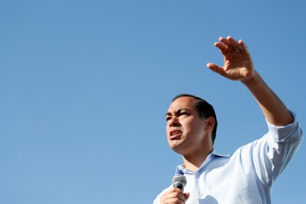 Democratic presidential candidate former U.S. Secretary of Housing and Urban Development Julian Castro speaks at the Des Moines Register Soapbox during a visit to the Iowa State Fair, in Des Moines, Iowa
Election 2020 Julian Castro, Des Moines, USA - 09 Aug 2019