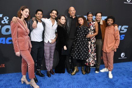Camille Ramsey, Manish Dayal, Tyler Posey, Charlet Chung, Vin Diesel, Similce Diesel, Renee Elise Goldsberry, Jorge Diaz and Luke Youngblood
'Fast & Furious: Spy Racers' TV show premiere, Arrivals, Universal Cinema, Los Angeles, USA - 07 Dec 2019