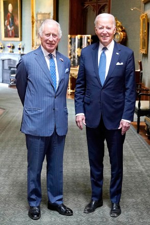 King Charles III and US President Joe Biden in the Grand Corridor at Windsor Castle in Berkshire during President Biden's visit to the UK.  King Charles III meets US President Joe Biden, Windsor Castle, UK - 10 July 2023