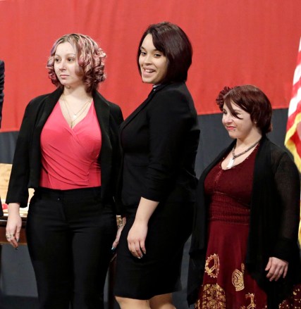 Michelle Knight, Gina DeJesus, Amanda Berry From left, Amanda Berry, Gina DeJesus and Michelle Knight introduced at the Performing Arts Center in Medina, Ohio. The three women held captive in a Cleveland house before escaping a year ago Tuesday have spent their first year of freedom learning to drive, taking boxing lessons and cherishing time with their families. Berry and DeJesus both said in statements released Monday, May 5, 2014 that they are thankful and growing in many ways
Missing Women Found, Medina, USA