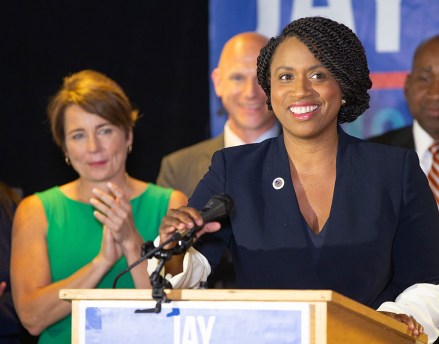 Massachusetts Attorney General Maura Healy (L) looks on as Boston City Councilor and Democratic candidate for United States Congress Ayanna Pressley (R) addresses a unity rally of fellow democratic candidates in Boston, Massachusetts, USA, 05 September 2018. Pressley defeated Congressman Michael Capuano in the Massachusetts democratic primary and is running unopposed in the general election in November.
Democratic candidate for United States Congress Ayanna Pressley, Boston, USA - 05 Sep 2018