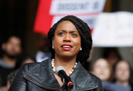Ayanna Pressley, the democratic winner of the Massachusetts 7th congressional district speaks at a rally at City Hall against Judge Brett Kavanaugh, in Boston
Kavanaugh Jeff Flake, Boston, USA - 01 Oct 2018