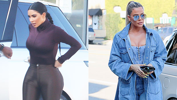 Khloe Kardashian shows off her tiny waist in tight denim jumpsuit